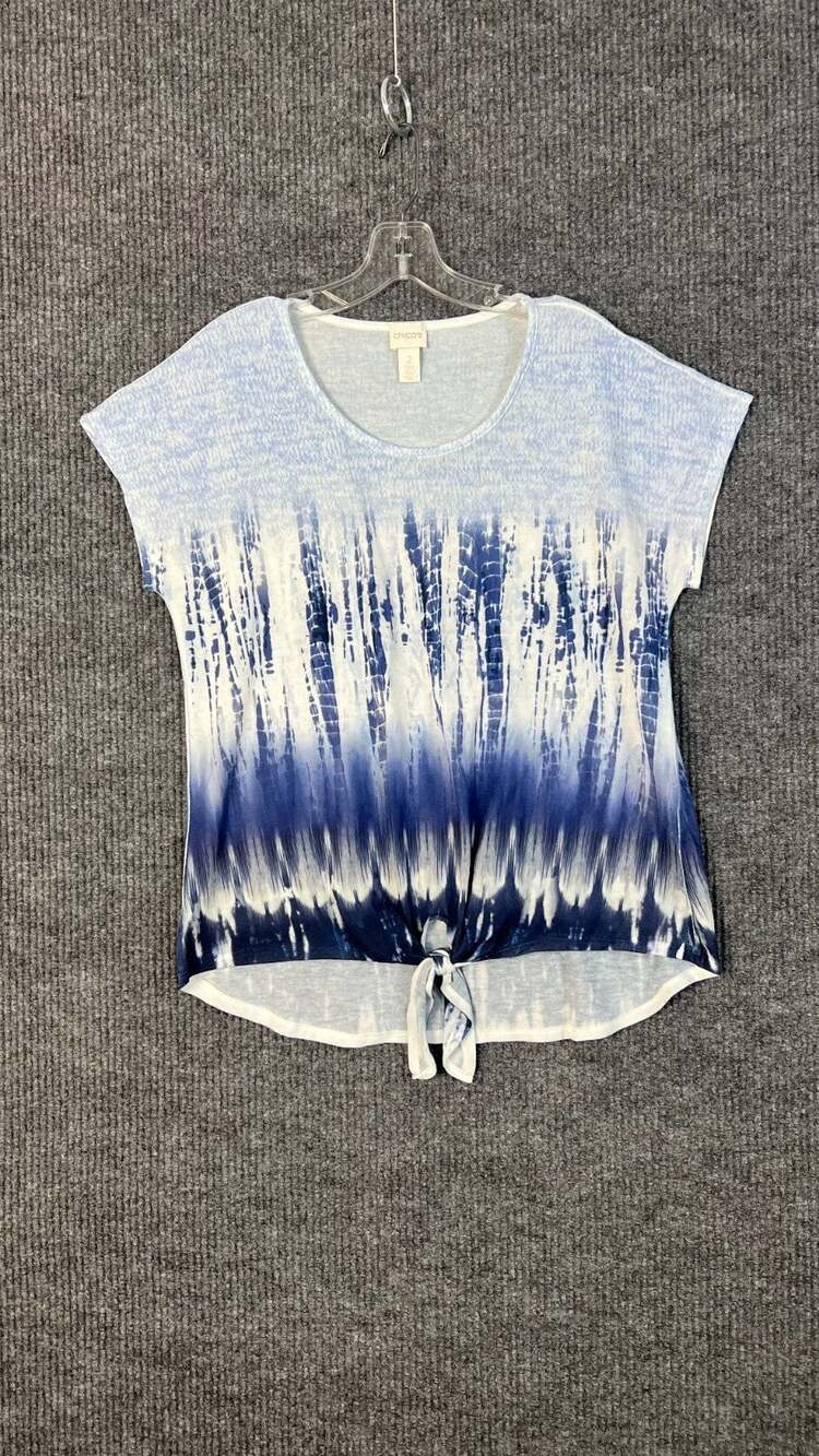 Chicos Top Womens Large Blue White Tie Hem Short Sleeve Boho Coastal Lightweight